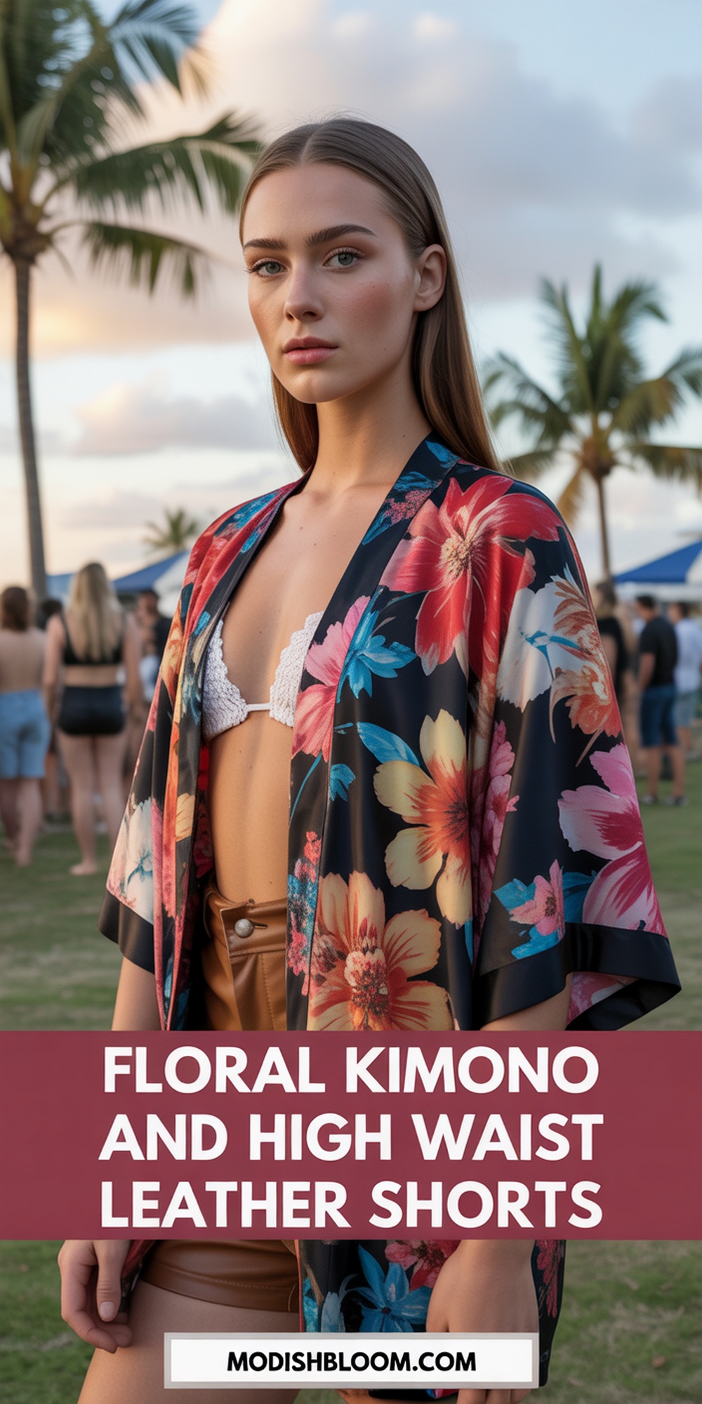 Floral Kimono and High Waist Leather Shorts