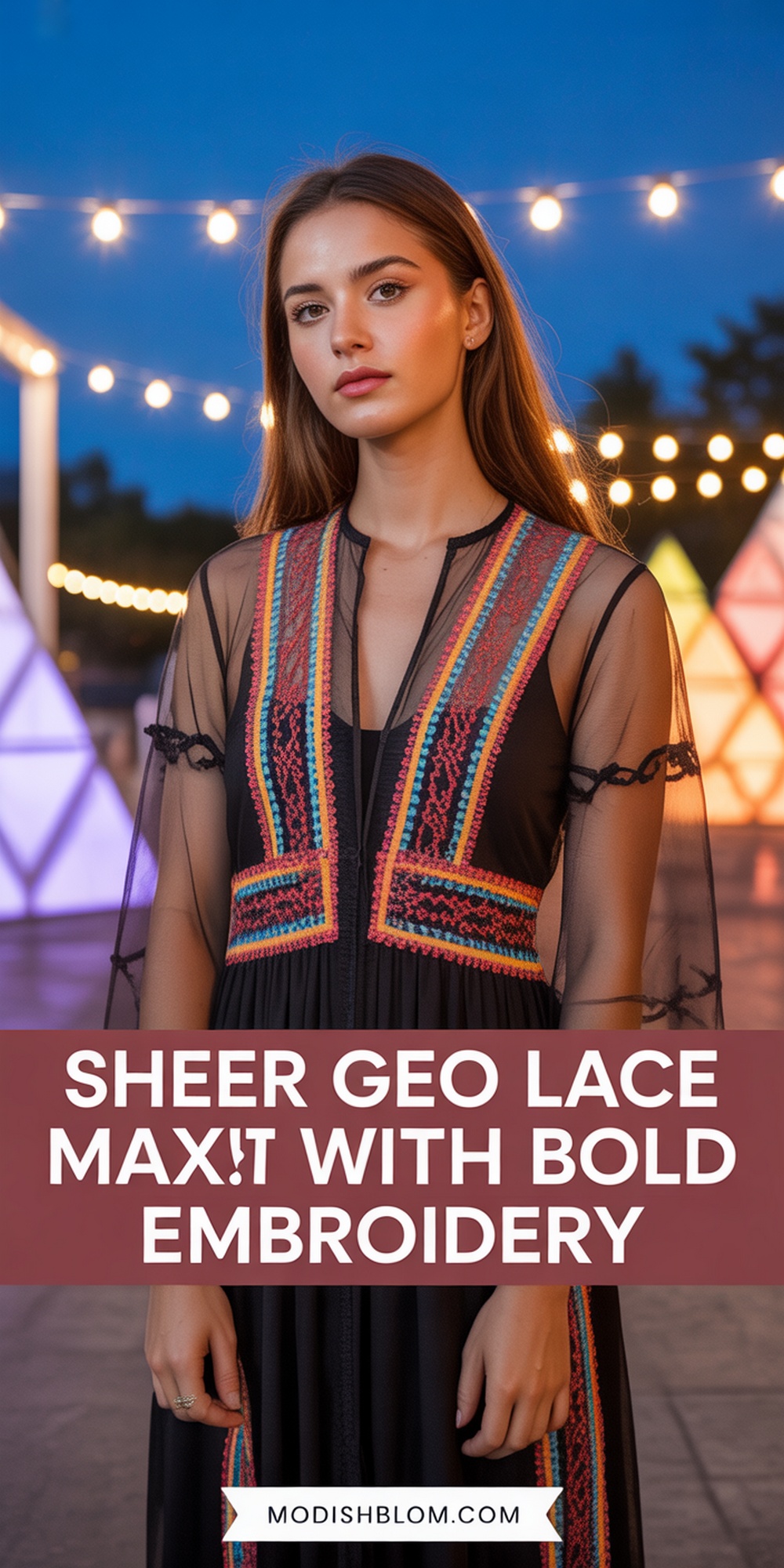Sheer Geo Lace Maxi Dress with Bold Embroidery